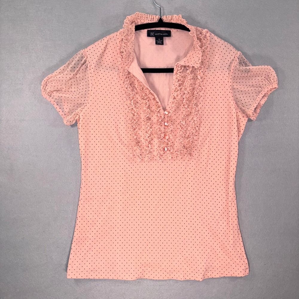 INC International Concepts Y2K Pink Polka Dot Blouse w/Pearl Buttons M